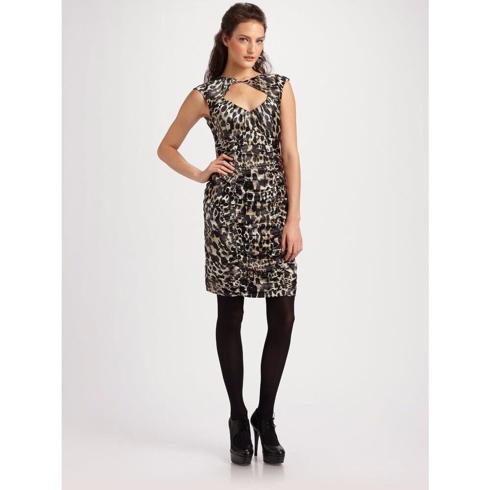 Nanette Lepore Y2K Silk Leopard Print Ruched Keyhole Dress 10 Gray Mob Wife